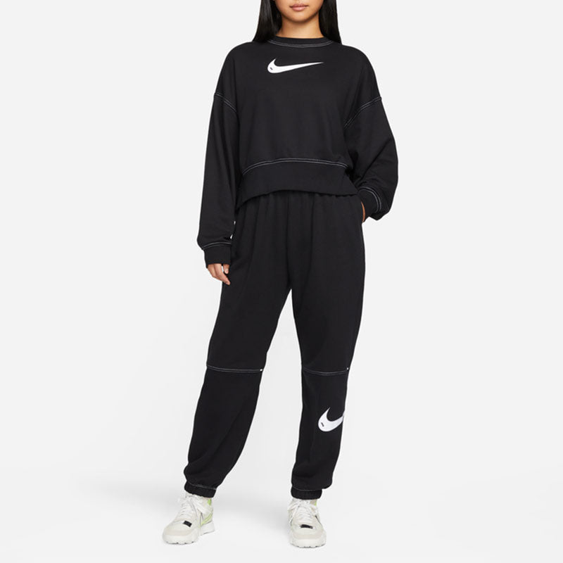 (WMNS) Nike Sportswear Swoosh Logo Embroidered Loose Knit Short Round Neck Pullover Black Hoodie DO7212-010