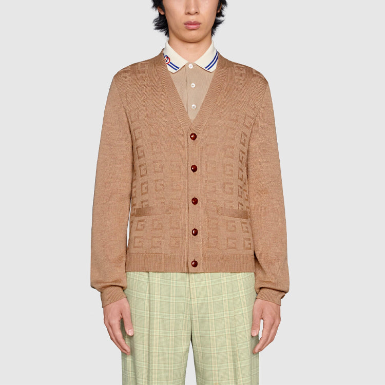 Gucci V-Neck Square G Jacquard Wool Cardigan 'Camel' 662152-XKBYD-2602