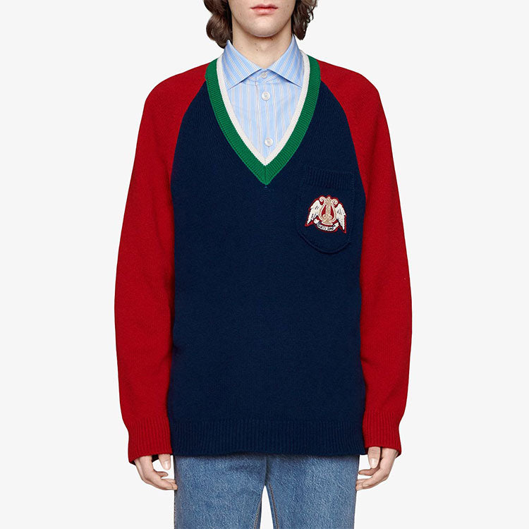 Gucci V-neck Wool Sweater With Lyre 'Blue' 575504-XKATG-4278