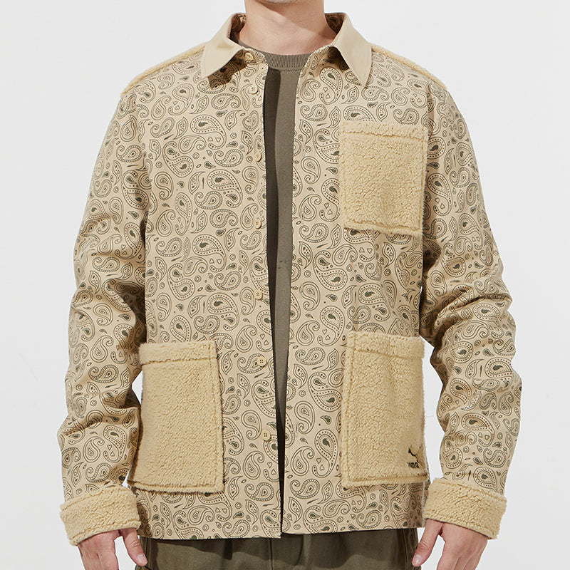 PUMA Paisley Woven Shirt cashew Pattern Multiple Pockets logo Jacket Khaki 534978-12