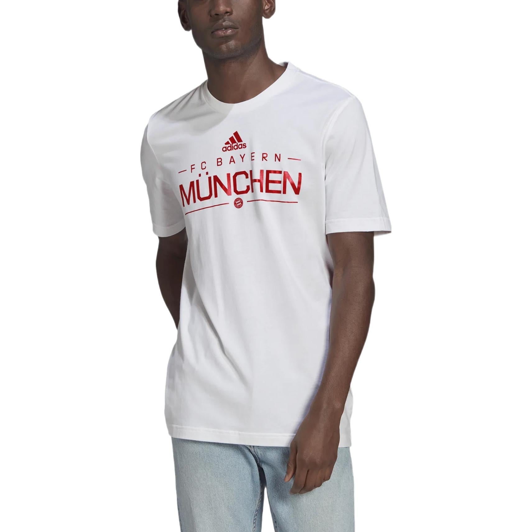 adidas Bayern Munich Black Alphabet Printing Round Neck Cotton Casual Short Sleeve White HG1241