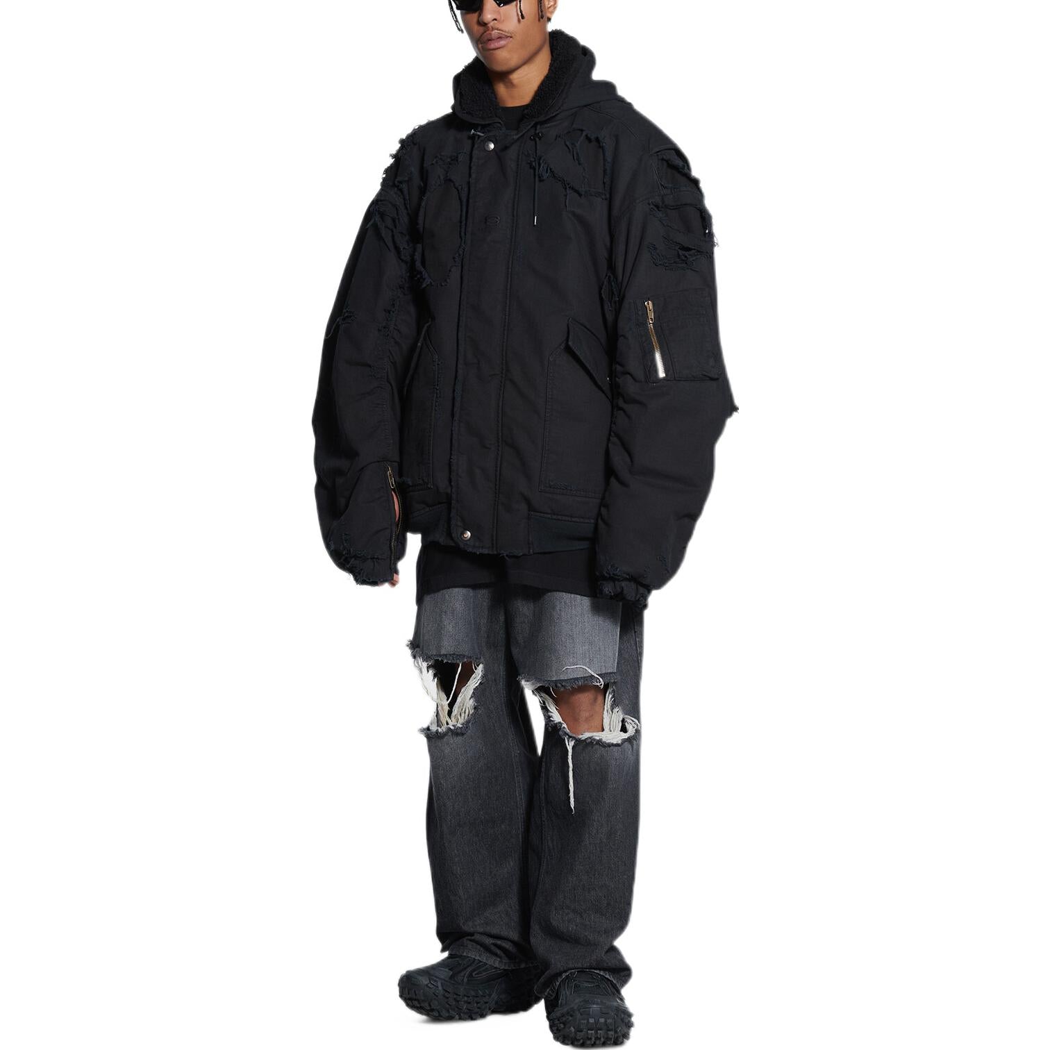 Balenciaga Destroyed Bomber Jacket 'Black' 698844TKP271000