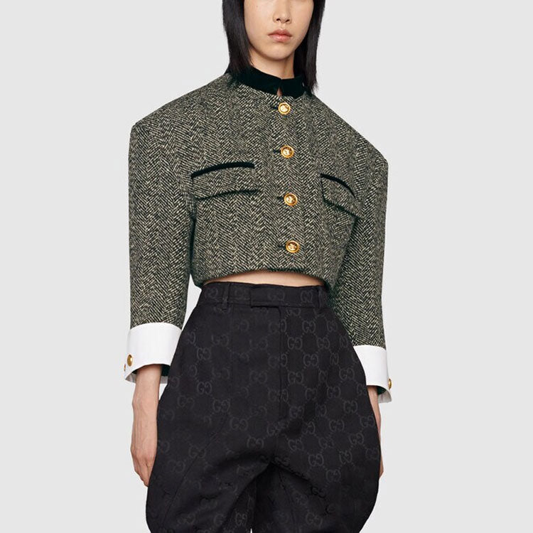 (WMNS) Gucci GG Check Tweed Jacket With Double G Buttons 'Grey Black' 674333-ZAHXT-1043