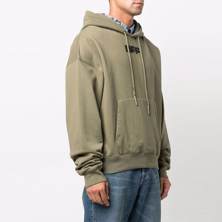 Men's Off-White FW21 Chest Logo Printing Drawstring Hood Long Sleeves Loose Fit Green OMBB037F21FLE0025510