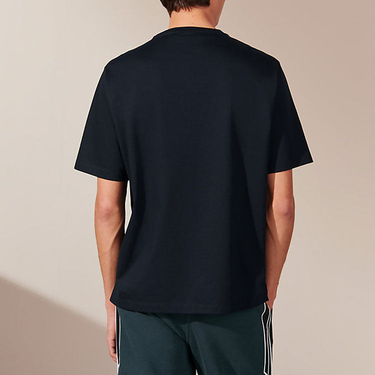 Men's HERMES 3D Embroidered Pattern Cotton Round Neck Short Sleeve Black T-Shirt H167605HA01