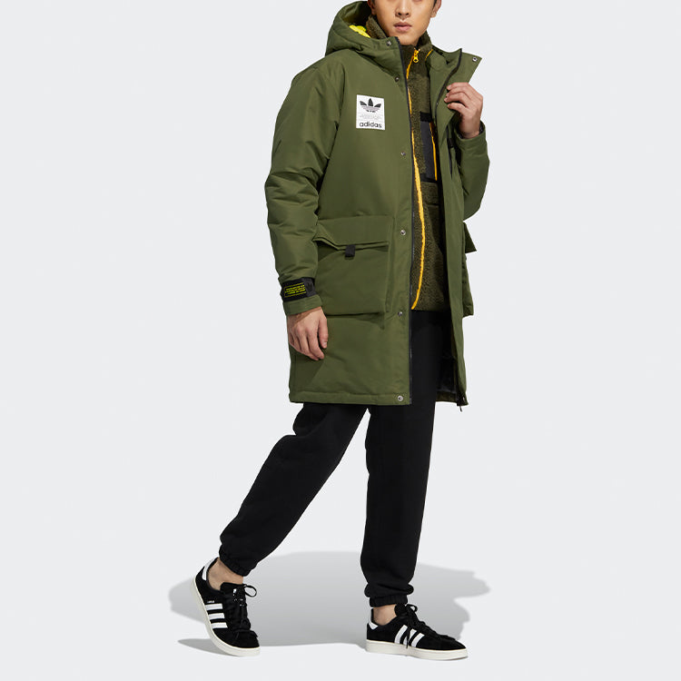 Men's adidas originals 2 In 1 Solid Color Long Hooded With Down Feather Dark Olive Green Jacket H58061