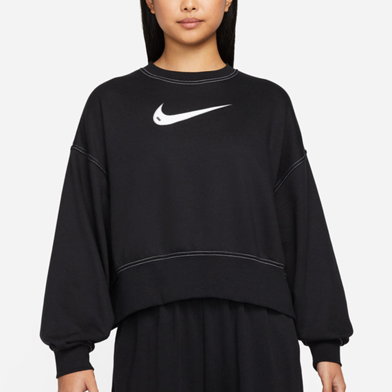 (WMNS) Nike Sportswear Swoosh Logo Embroidered Loose Knit Short Round Neck Pullover Black Hoodie DO7212-010