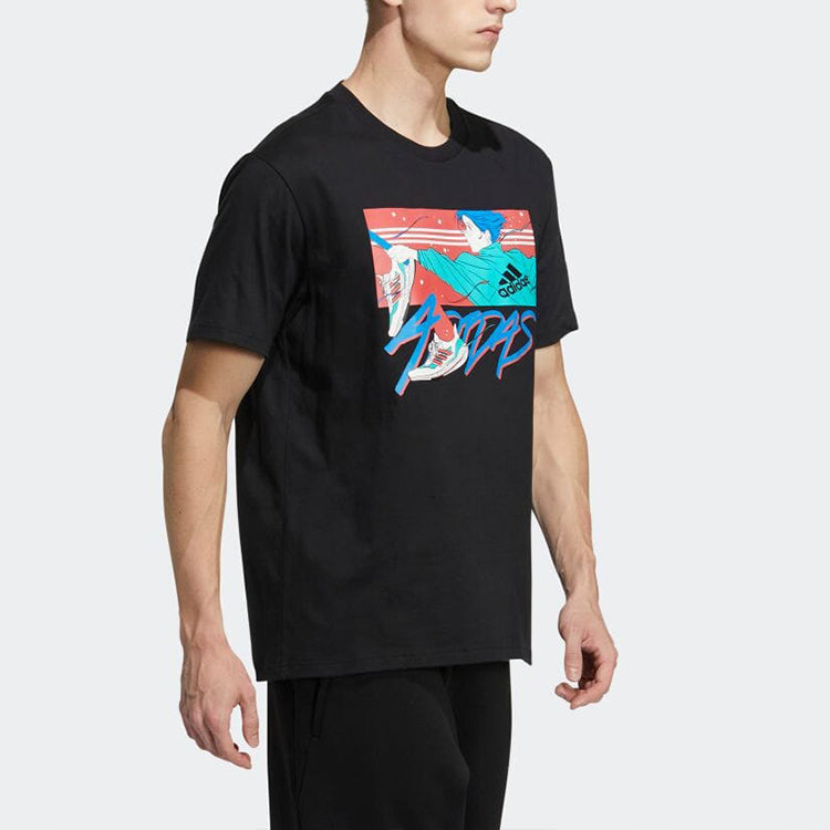 adidas Comics Alphabet Printing Round Neck Short Sleeve Japanese Version Black T-Shirt HI5940