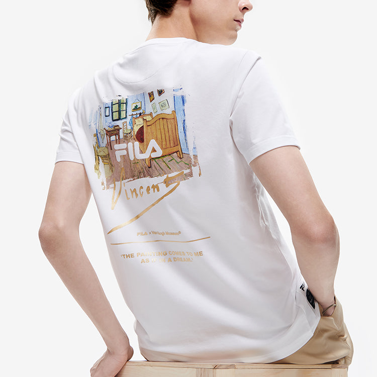 Men's FILA x Crossover Casual Printing Breathable Knit Short Sleeve White T-Shirt F11M228109F-WT