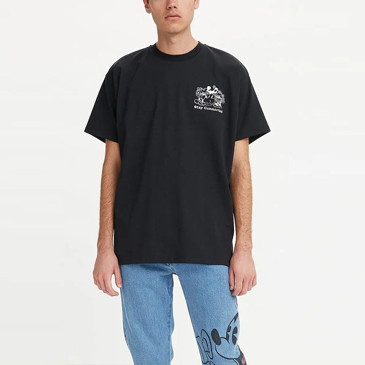 Men's Levis Logo Alphabet Printing Loose Round Neck Short Sleeve Black A0612-0000
