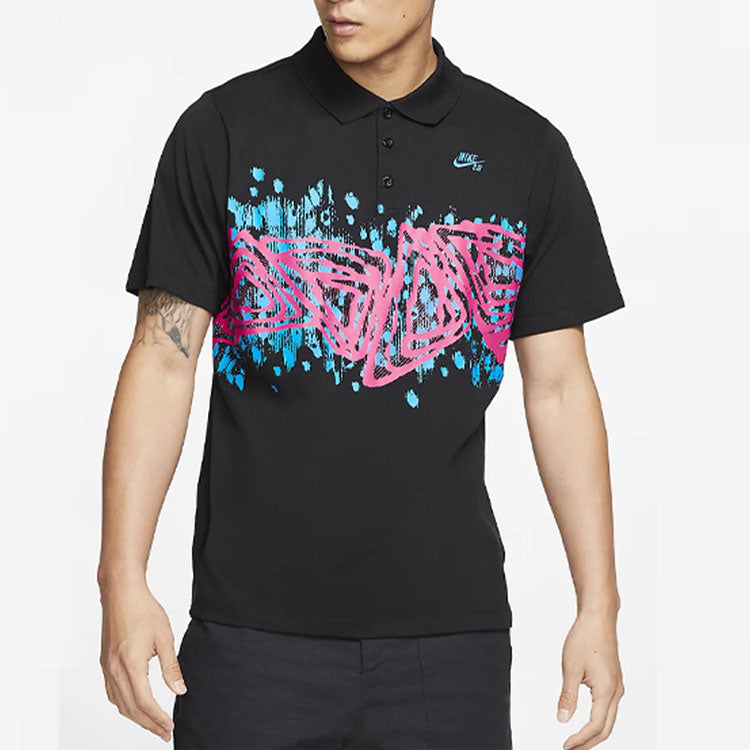 Nike SB Printing Pattern Skateboard Short Sleeve Polo Shirt Black BV1031-010
