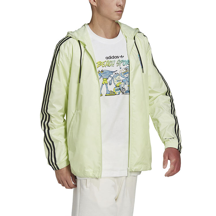 Men's adidas originals Zipper Stripe Alphabet Hooded Long Sleeves Sports Jacket Green HF4865