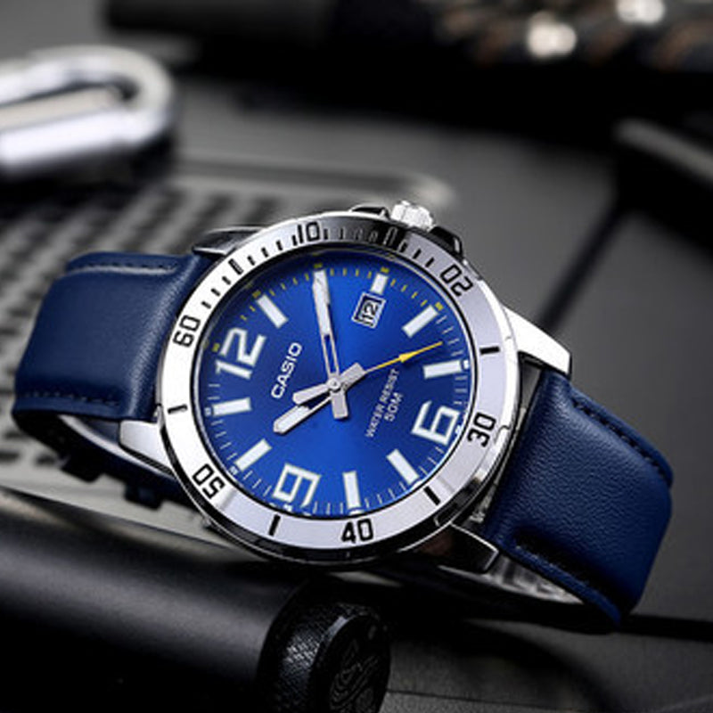 CASIO Leather Band Waterproof Business Style Men Mens Blue Analog MTP-VD01L-2BV