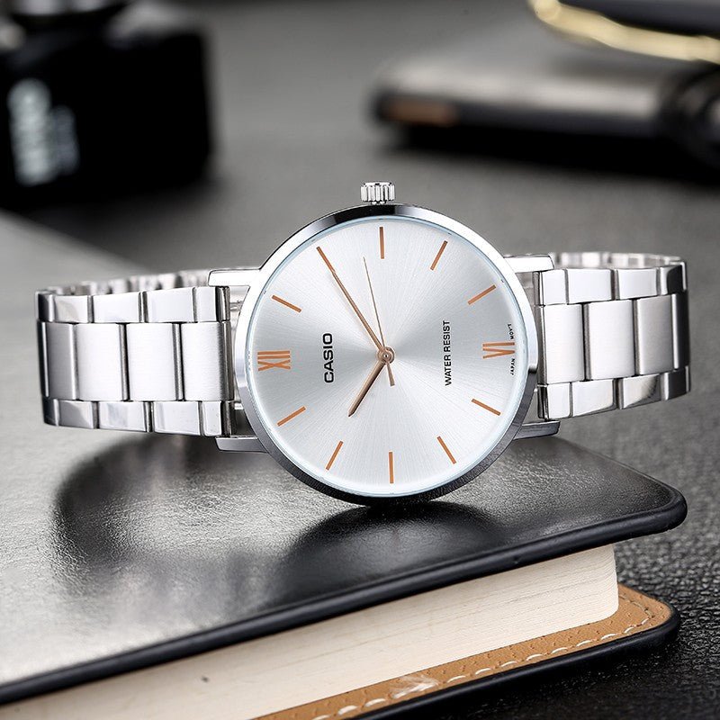 CASIO Waterproof Stainless Steel Silver Quartz Unisex Mens White Analog MTP-VT01D-7B