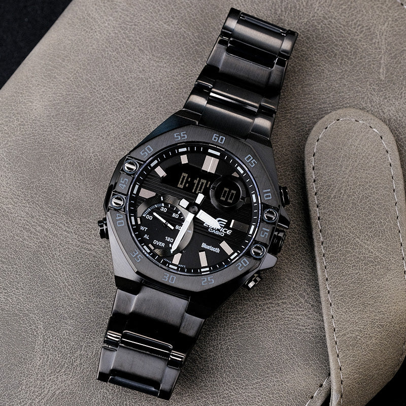 CASIO Bluetooth Waterproof EDIFICE Sports Sapphire Crystal Solar Powered Mens Black Analog/Digital Combo ECB-10YDC-1APR