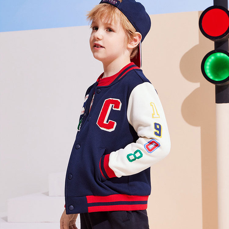 (GS) Converse Color-blocked Embroidered Baseball Jacket Asia Sizing 'Navy White Red' CV2242170GS-001