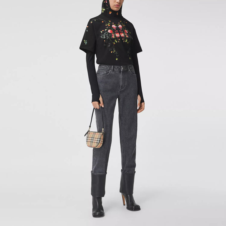 Burberry Rose Printing Cotton Loose Short Sleeve Black 80372951