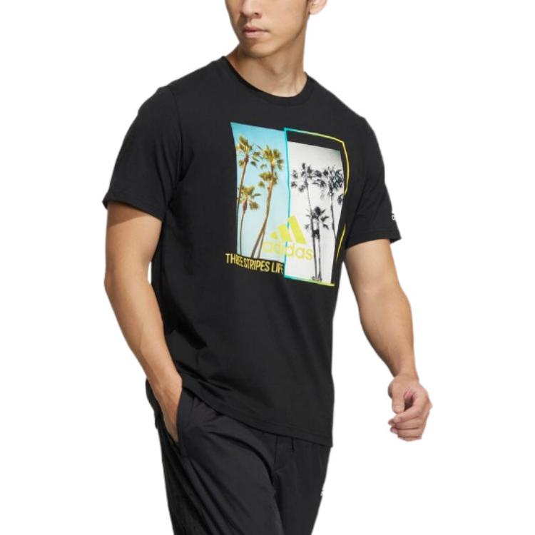 Men's adidas Plant Printing Round Neck Pullover Short Sleeve Japanese Version Black T-Shirt HN0399