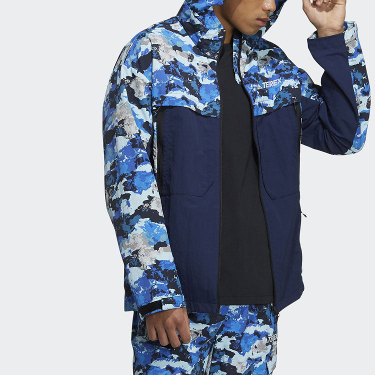 adidas Terrex Festiv Aop Wb Outdoor Sports Camouflage Splicing Hooded Jacket Blue GN7595