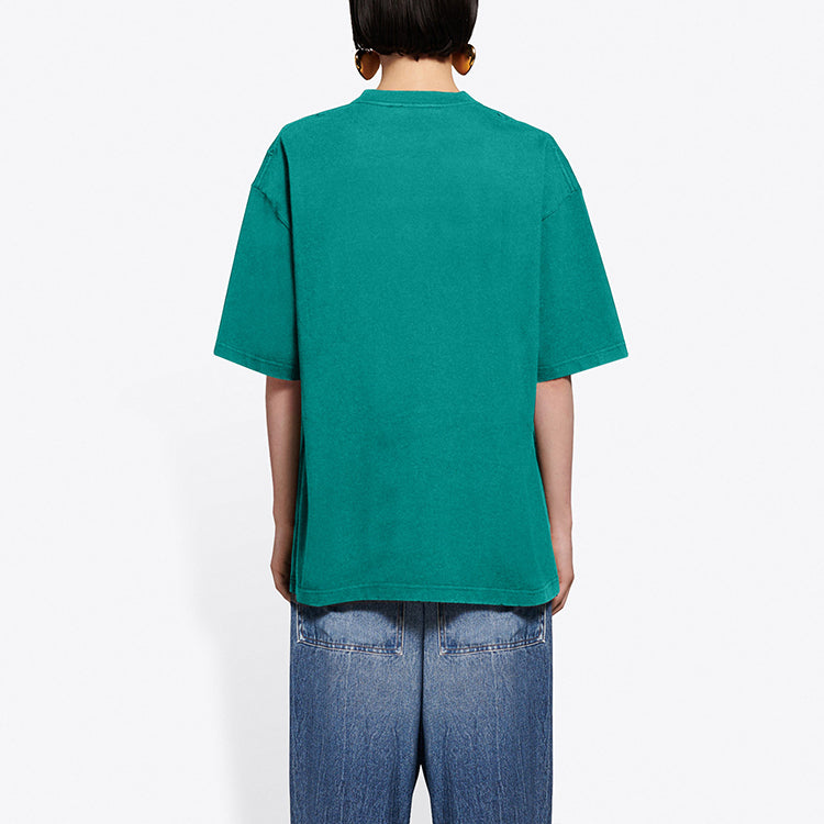 Balenciaga Band Portrait Printing Logo Retro Loose Short Sleeve Green 612965TIV473640