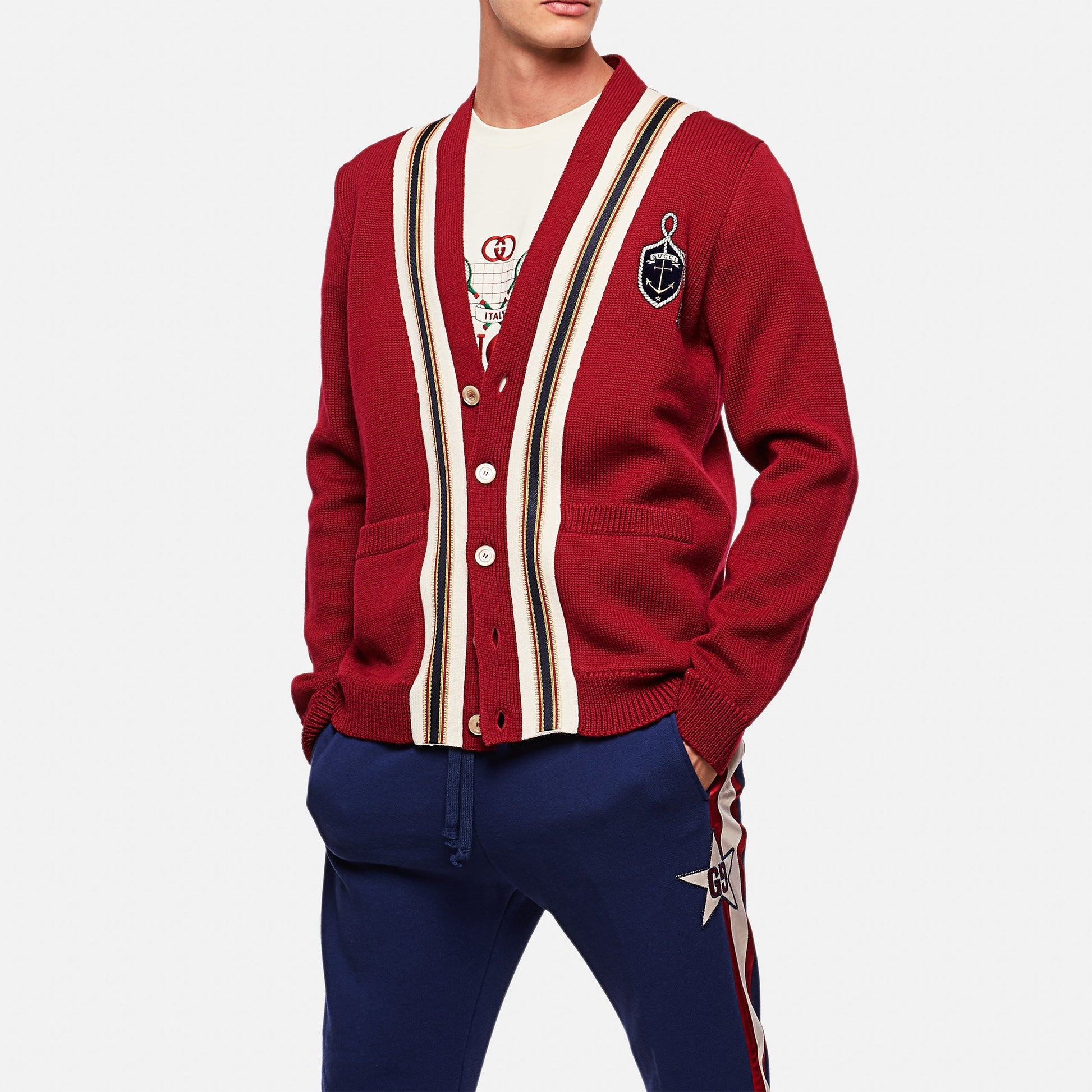 Men's Gucci Logo Badge Stripe Wool Knitting Cardigan Wool Sweater Red 545764-XKAEA-6066