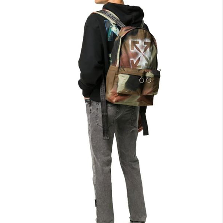 Men's Off-White Cotton Classic Arrow Logo Adornment Zipper Handbag Backpack Brown OMNB003E20FAB0036060