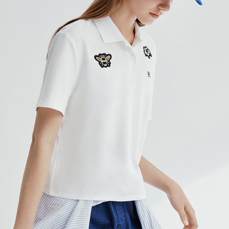 (WMNS) FILA Bee Flower Embroidered Short Sleeve Polo Shirt White F11W028118F-WT