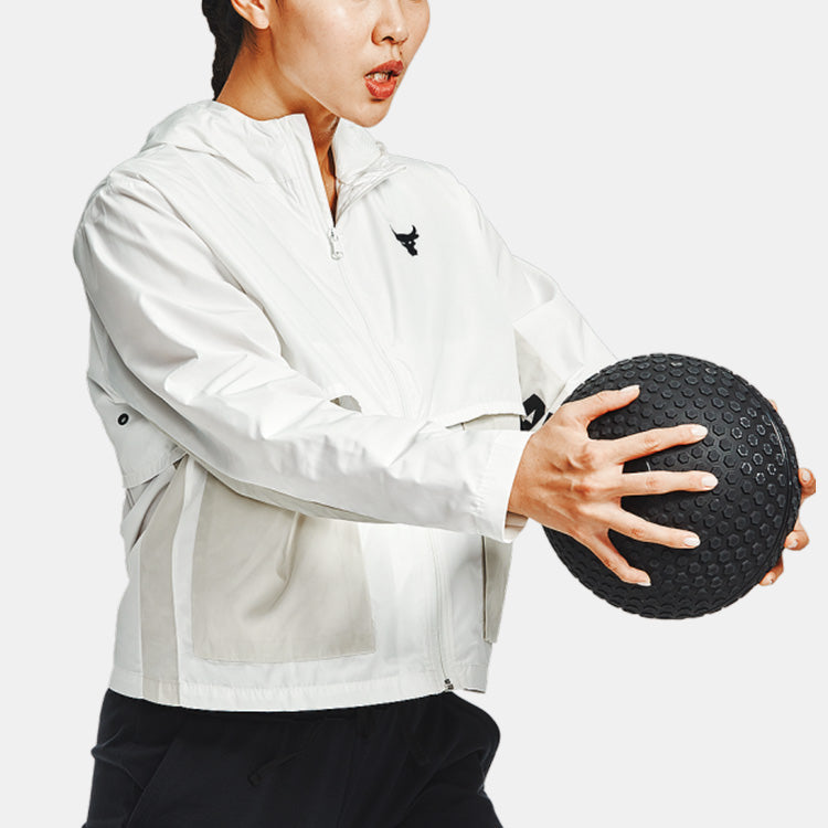 (WMNS) Under Armour Project Rock Woven Hooded Jacket White 1361076-112