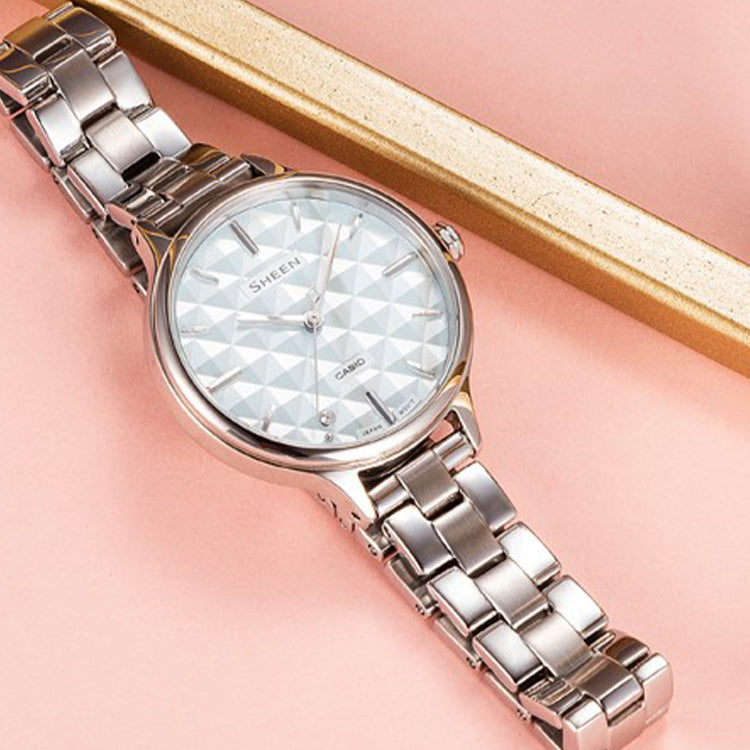 CASIO SHEEN Series Minimalistic 3D Rhombus Business Watch SHE-4545D-2AUPR Light Blue Analog SHE-4545D-2AUPR-PERSON