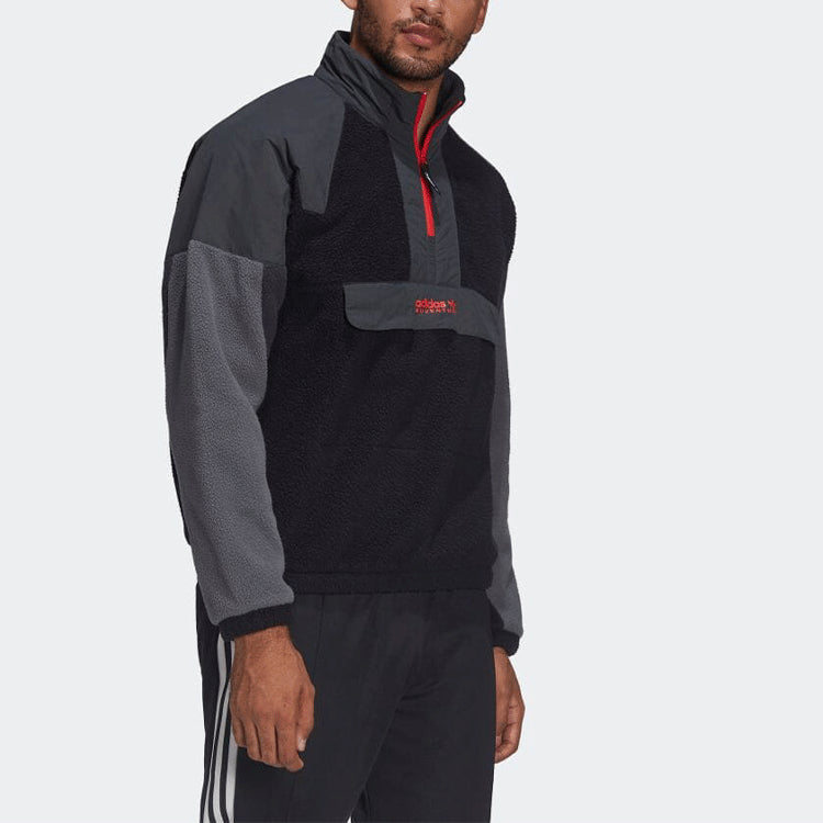 adidas originals Fleece Colorblock Half Zipper Stand Collar Jacket Black Gray HF4763