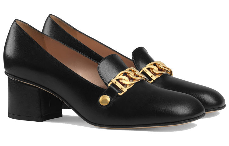 (WMNS) Gucci Sylvie Chain-embellished Leather Mid-Heel Pumps 'Black' 537539-CQXS0-1183
