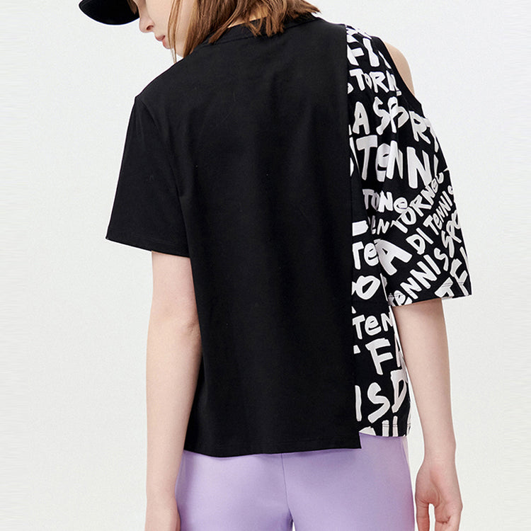 (WMNS) Fila Alphabet Printing Splicing Short Sleeve Black T11W121107F-BK