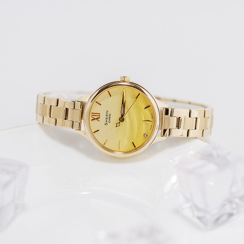 CASIO SEAWAVE Subject Fashion 3d Minimalistic Watch Sapphire Crystal Gradient Gold SHE-4550G-9AUPR
