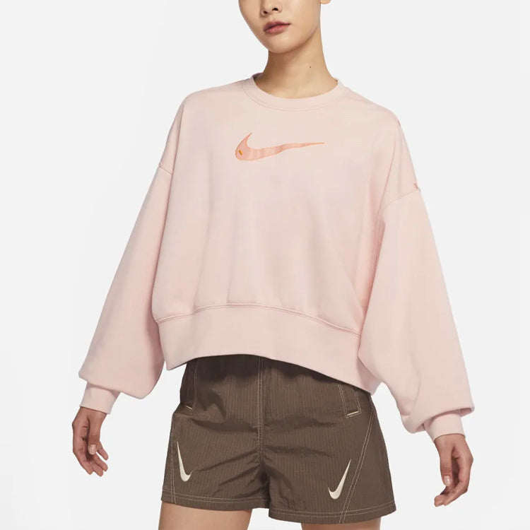 (WMNS) Nike Sportswear Swoosh Logo Embroidered Loose Knit Short Round Neck Pullover Pink Hoodie DO7212-601