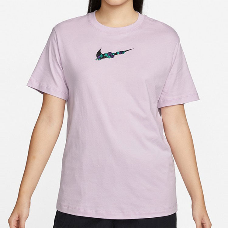 (WMNS) Nike Logo Plant Printing Casual Sports Round Neck Short Sleeve Pink Purple T-Shirt DN5887-530
