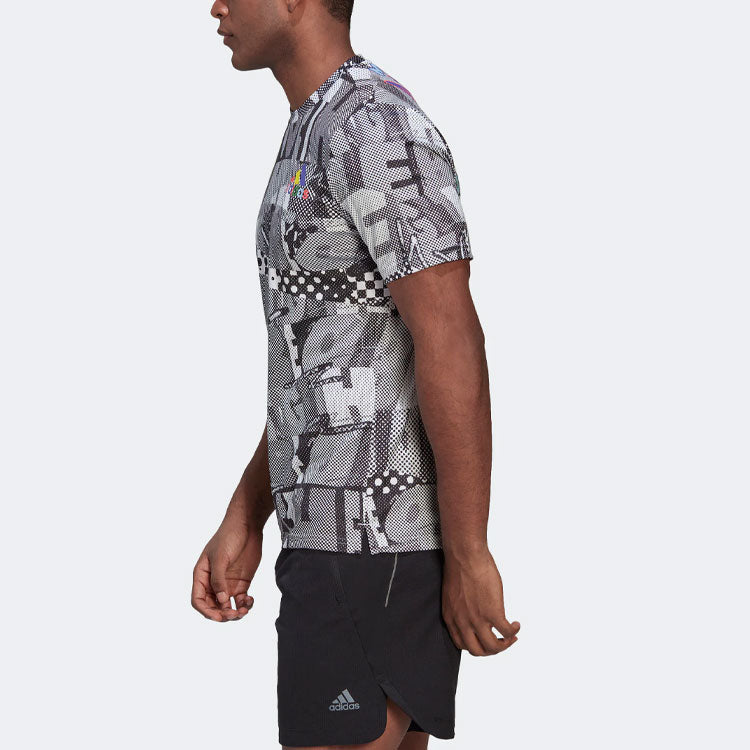 Men's adidas Splicing Color Block Full Print Sports Gym Short Sleeve Gray T-Shirt HD6401