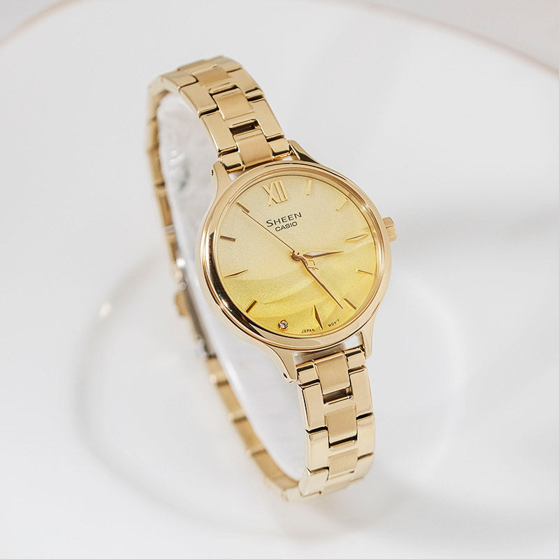 CASIO SEAWAVE Subject Fashion 3d Minimalistic Watch Sapphire Crystal Gradient Gold SHE-4550G-9AUPR