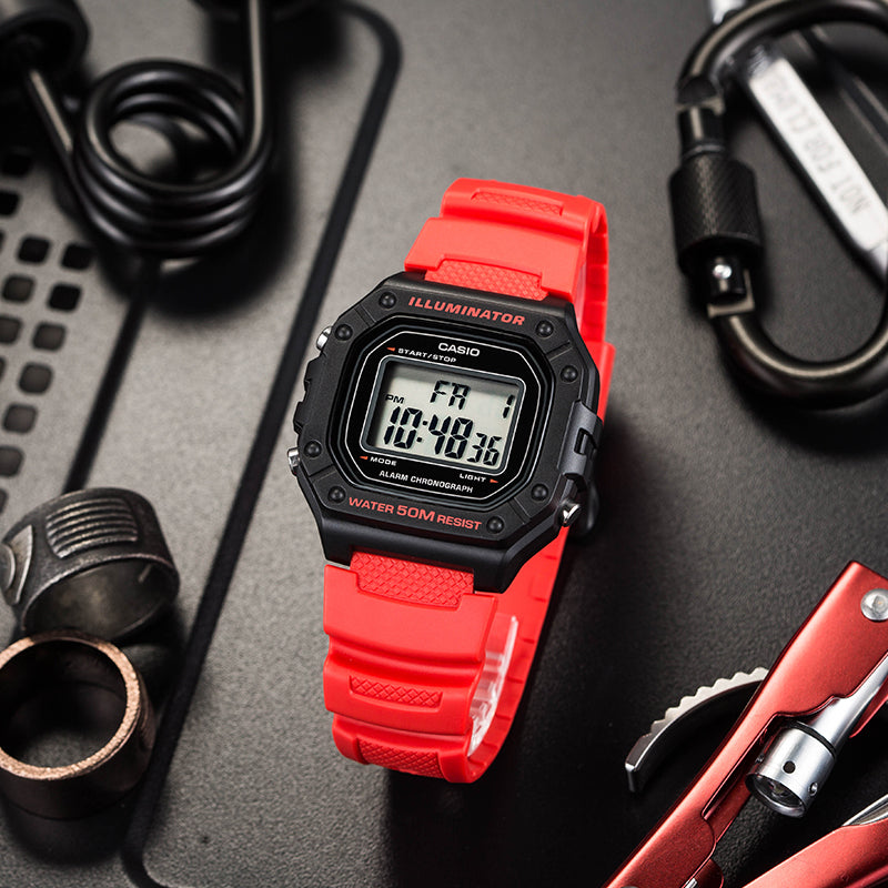 CASIO G Shock Quartz Sports Waterproof Mens BlackRed Digital W-218H-4B