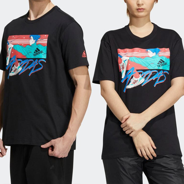 adidas Comics Alphabet Printing Round Neck Short Sleeve Japanese Version Black T-Shirt HI5940
