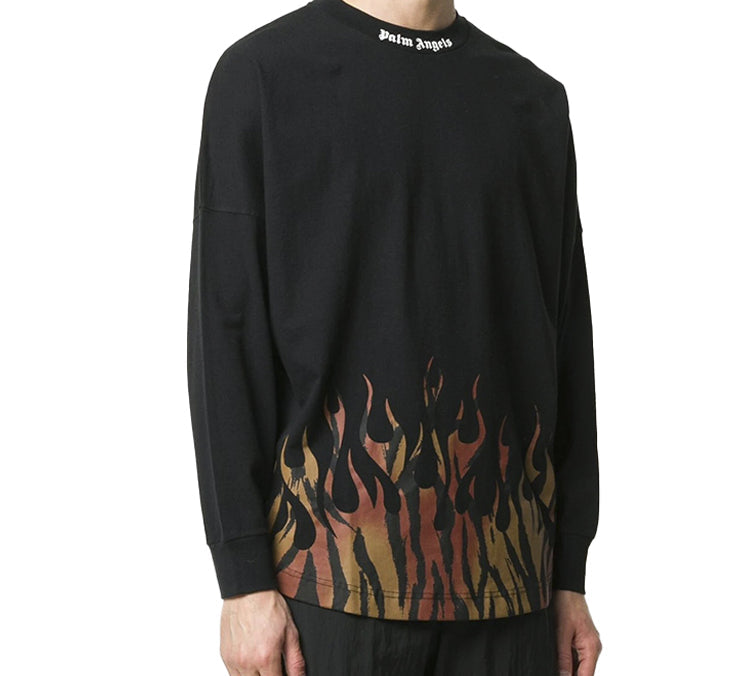 Men's PALM ANGELS Brown Angel Tiger Flame Long Sleeves Black PMAB001E20JER0011020