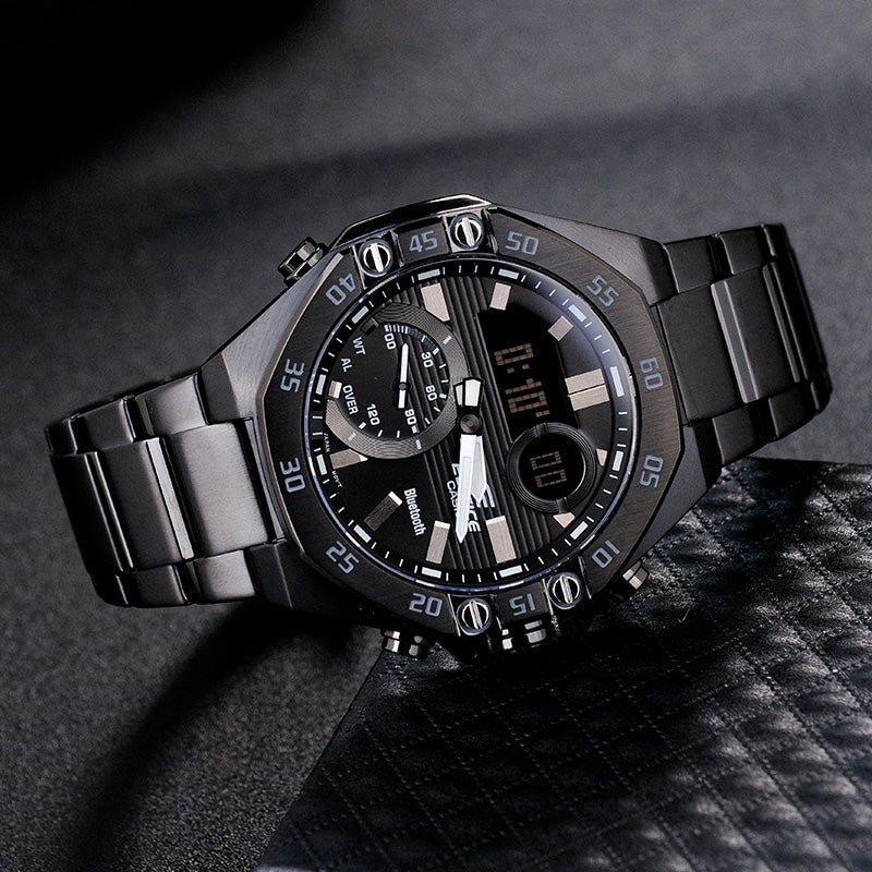 CASIO Bluetooth Waterproof EDIFICE Sports Sapphire Crystal Solar Powered Mens Black Analog/Digital Combo ECB-10YDC-1APR