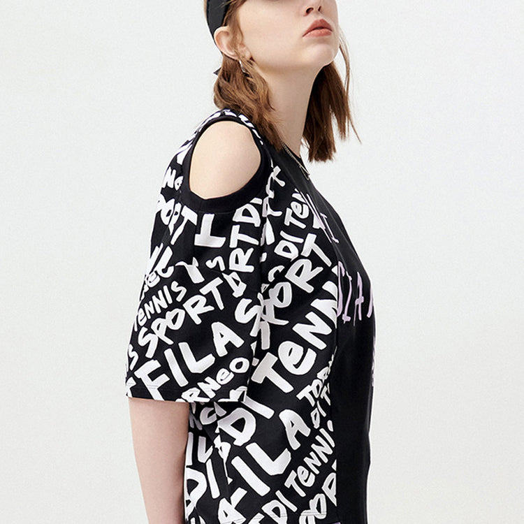 (WMNS) Fila Alphabet Printing Splicing Short Sleeve Black T11W121107F-BK