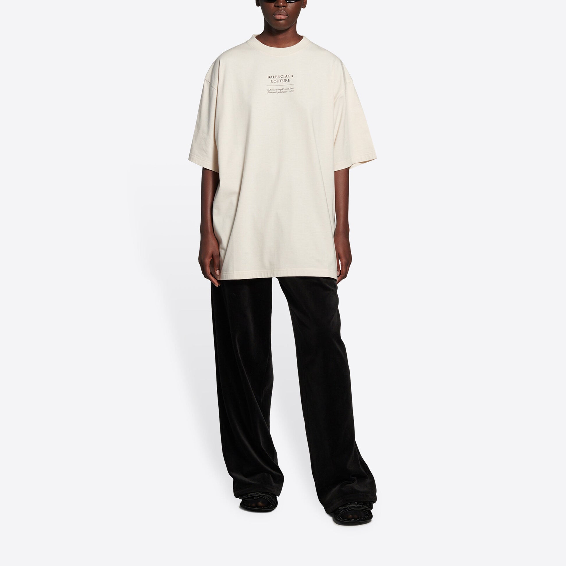 Balenciaga FW21 Couture Boxy Alphabet Printing Round Neck Pullover Short Sleeve Beige 651795TJV900905