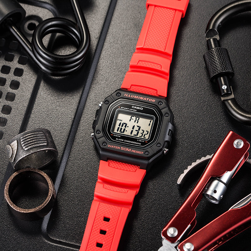 CASIO G Shock Quartz Sports Waterproof Mens BlackRed Digital W-218H-4B