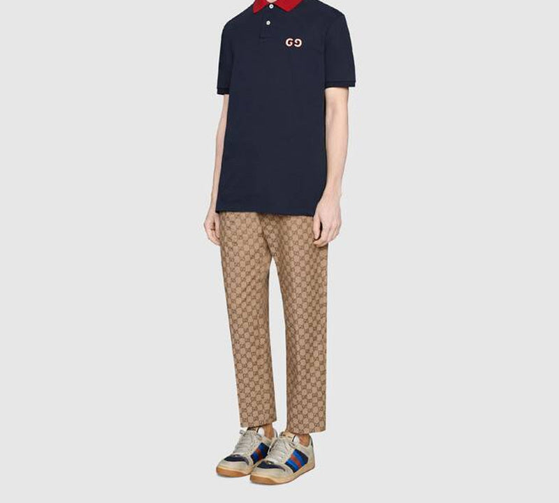 Gucci GG Logo Embroidered Contrasting Colors Short Sleeve Polo Shirt Navy Blue 574086-XJA6C-4062