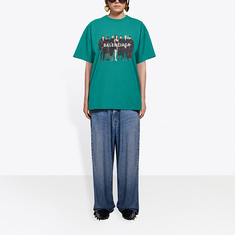 Balenciaga Band Portrait Printing Logo Retro Loose Short Sleeve Green 612965TIV473640