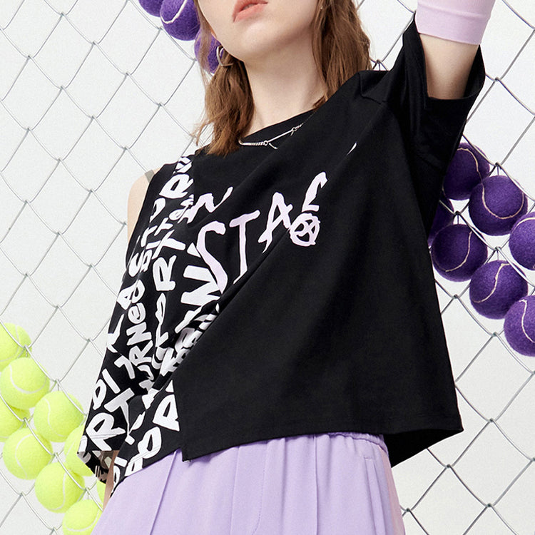 (WMNS) Fila Alphabet Printing Splicing Short Sleeve Black T11W121107F-BK