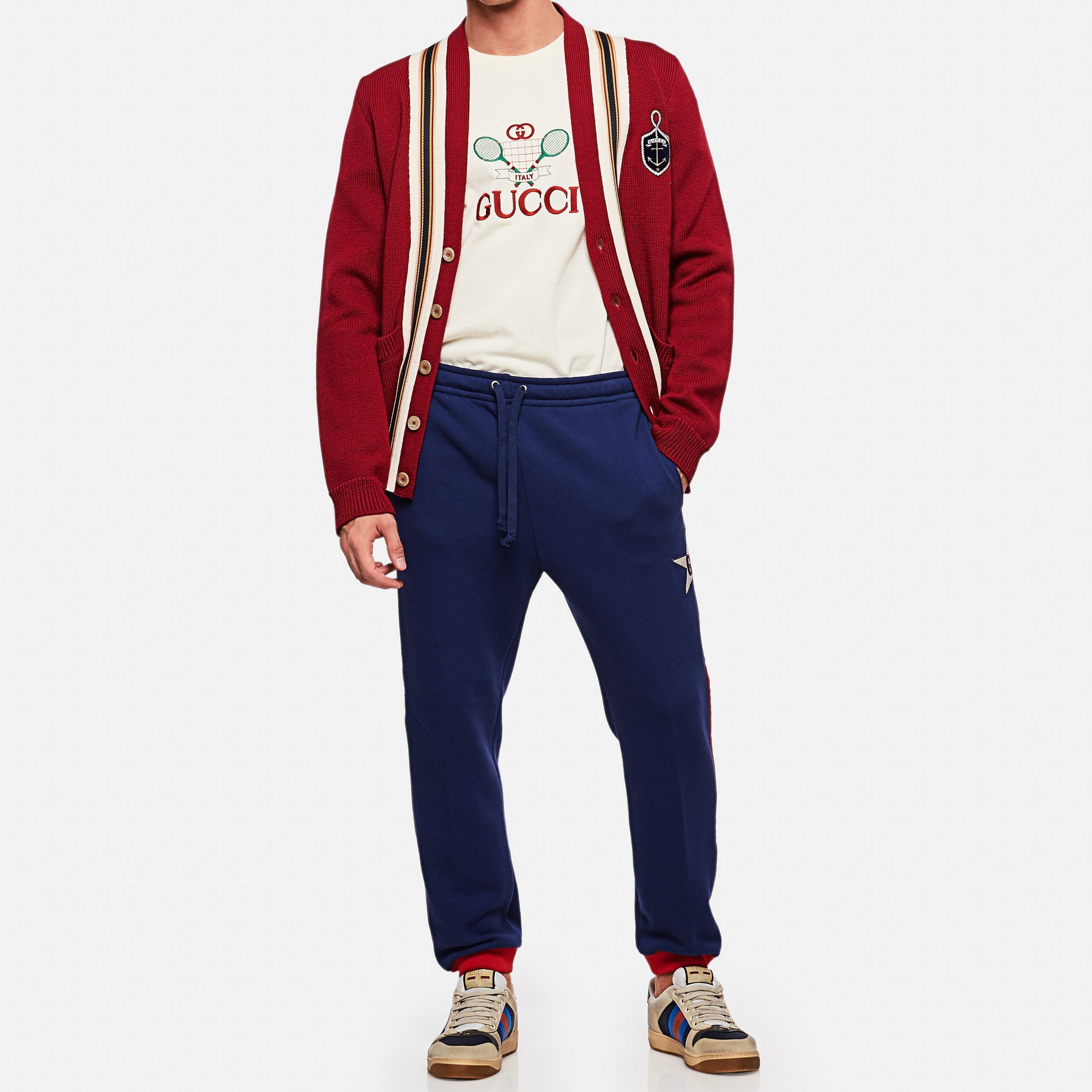 Men's Gucci Logo Badge Stripe Wool Knitting Cardigan Wool Sweater Red 545764-XKAEA-6066