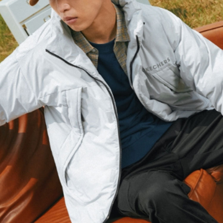 Skechers Zip-up Solid Color Hooded Down Jacket 'Black Grey White' L421M084