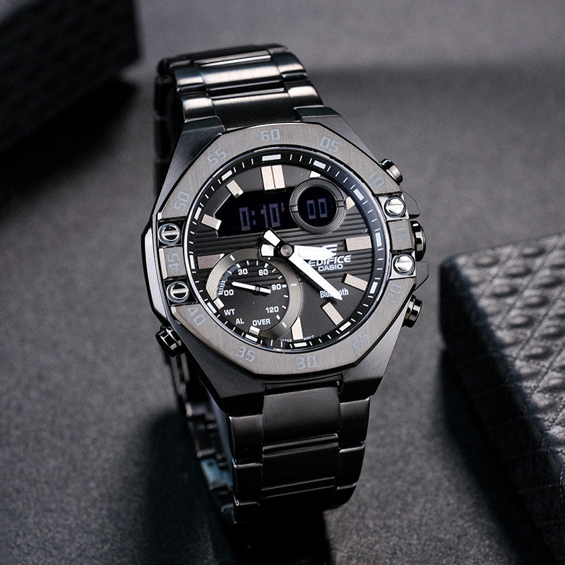 CASIO Bluetooth Waterproof EDIFICE Sports Sapphire Crystal Solar Powered Mens Black Analog/Digital Combo ECB-10YDC-1APR
